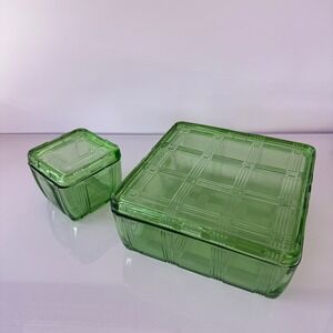 Vintage Green Glass Refrigerator Dish Set 2pc Square Waffle Lid Uranium